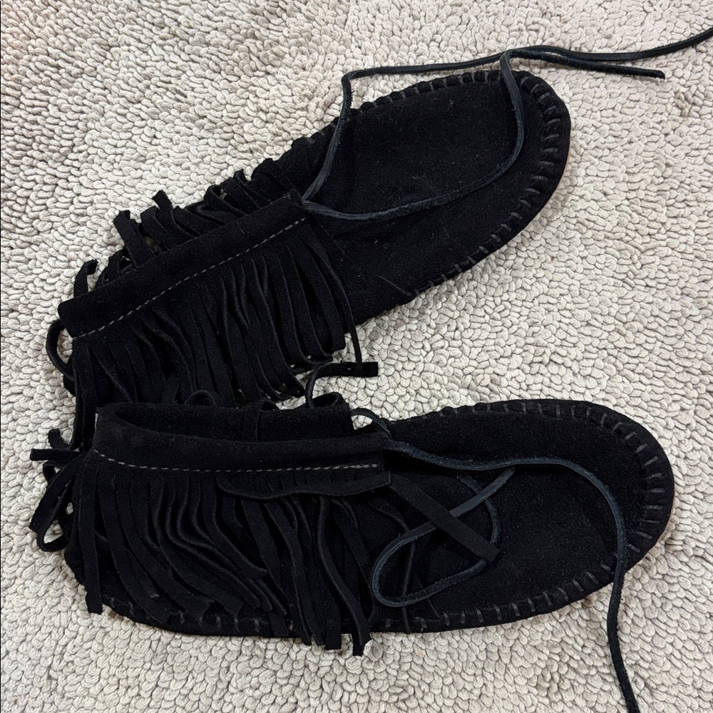 Black Fringe Moccasin Slippers